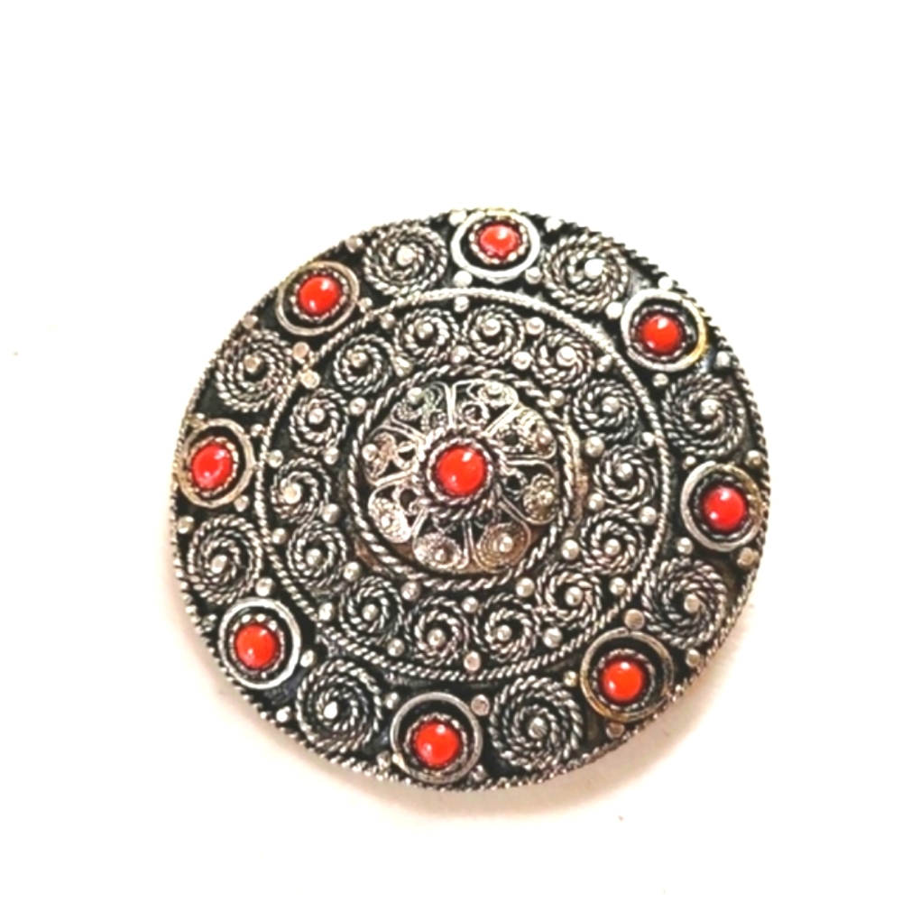 Israel Sterling Silver Antique Coral Gemstones Brooch & Pendant
